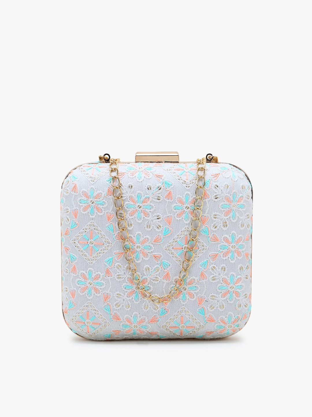 

Anekaant White & Pink Embroidered Box Clutch