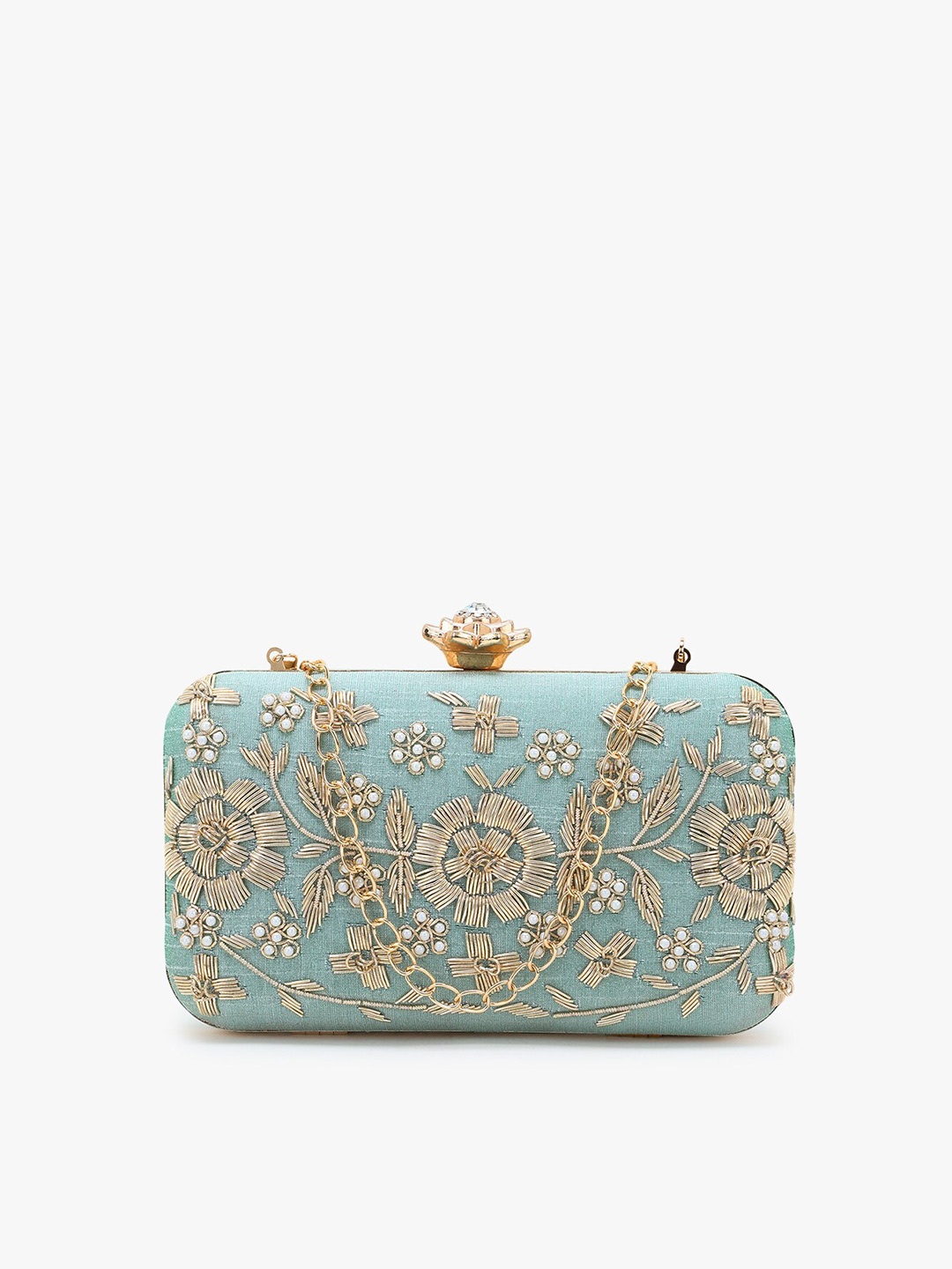 

Anekaant Sea Green & Gold-Toned Embroidered Box Clutch