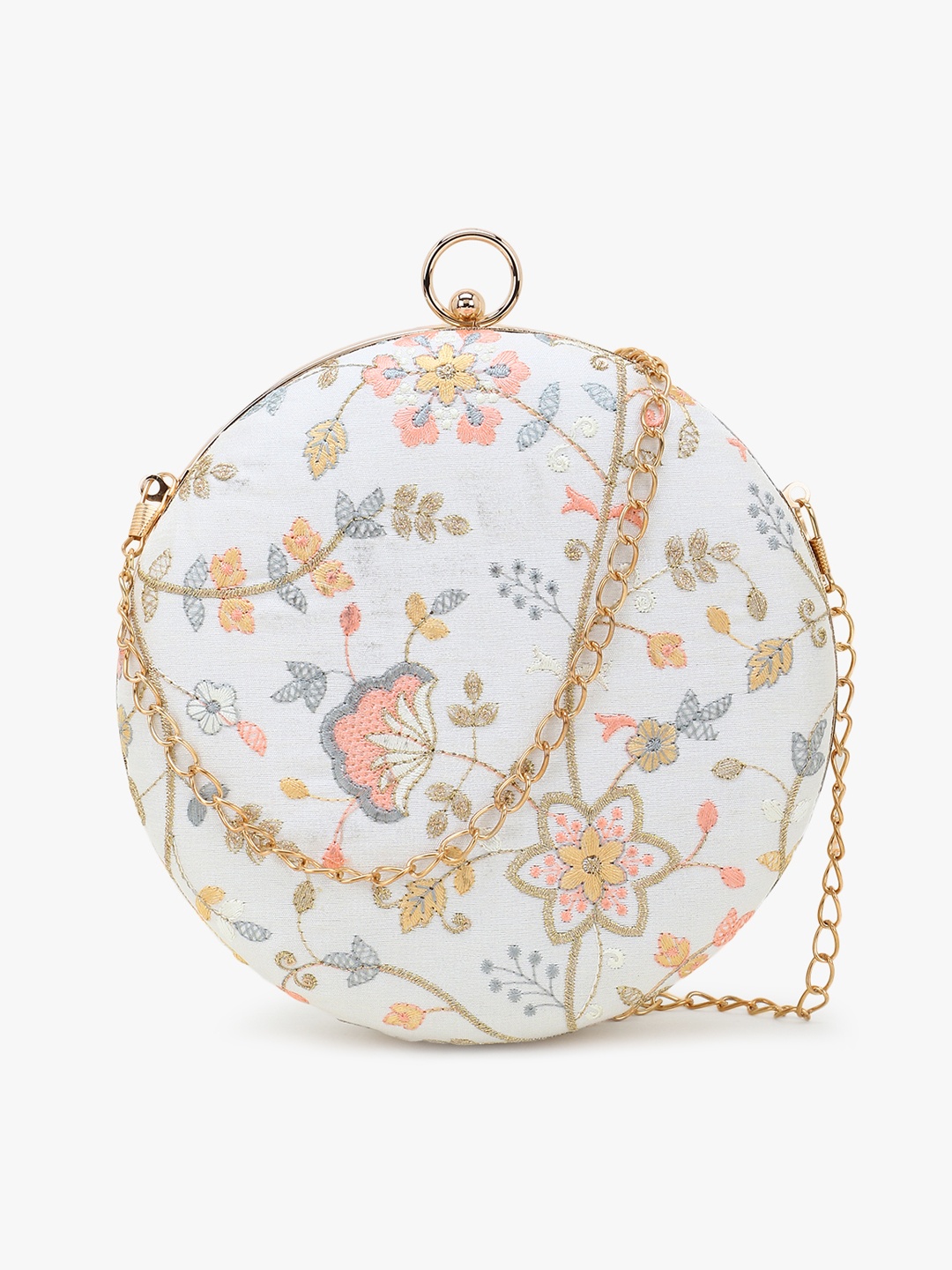 

Anekaant White & Pink Embroidered Round Clutch