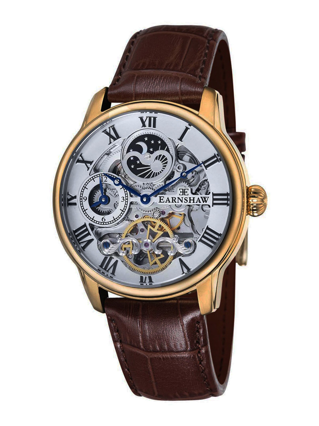 

EARNSHAW Men Silver-Toned Skeleton Dial & Brown Leather Straps Analogue Watch ES-8006-02, Transparent