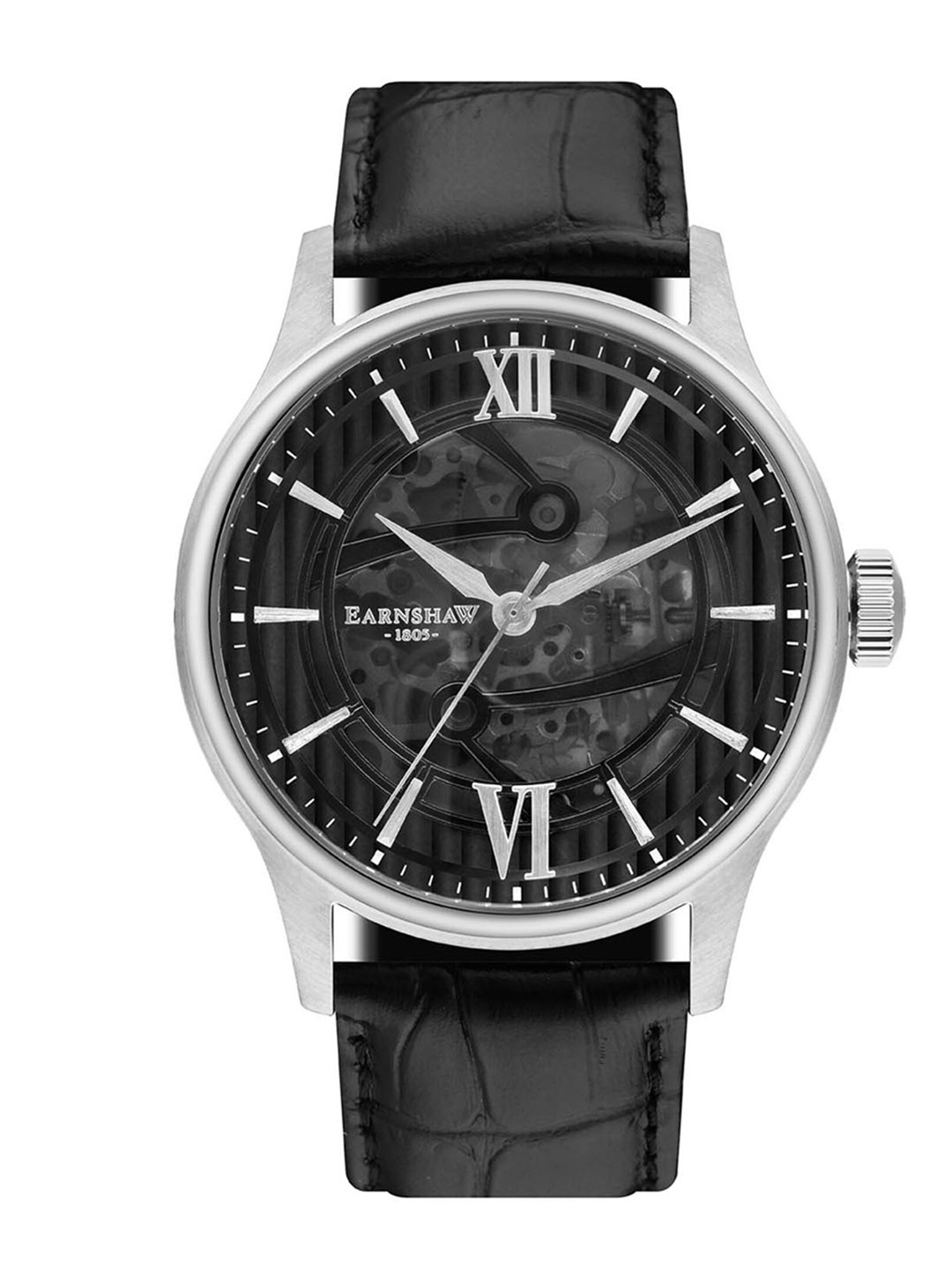 

EARNSHAW Men Black Skeleton Dial Leather Straps Analogue Watch - ES-8801-01, Transparent