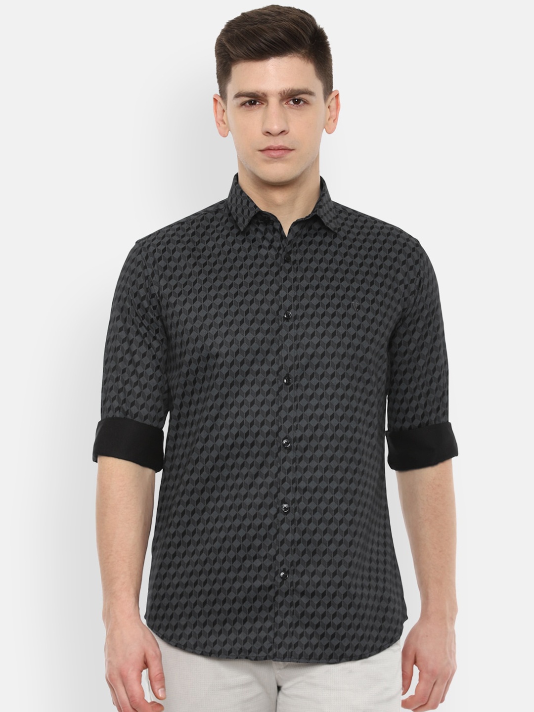 

V Dot Men Black & Charcoal Grey Slim Fit Printed Pure Cotton Casual Shirt