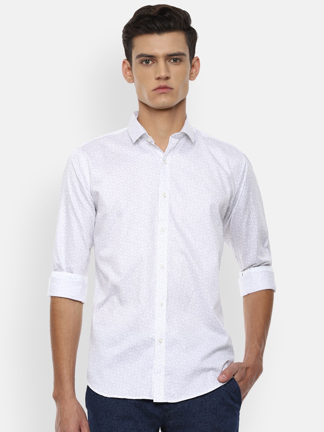 

V Dot Men White & Grey Slim Fit Geometric Print Pure Cotton Casual Shirt