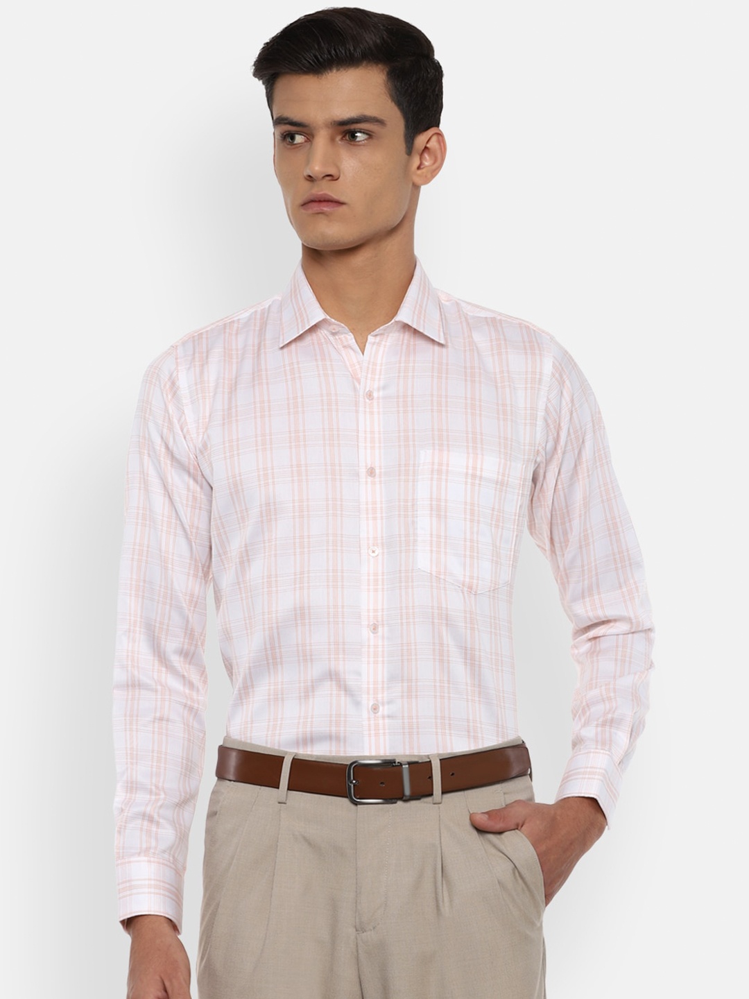 

Van Heusen Men White & Peach-Coloured Slim Fit Checked Pure Cotton Formal Shirt