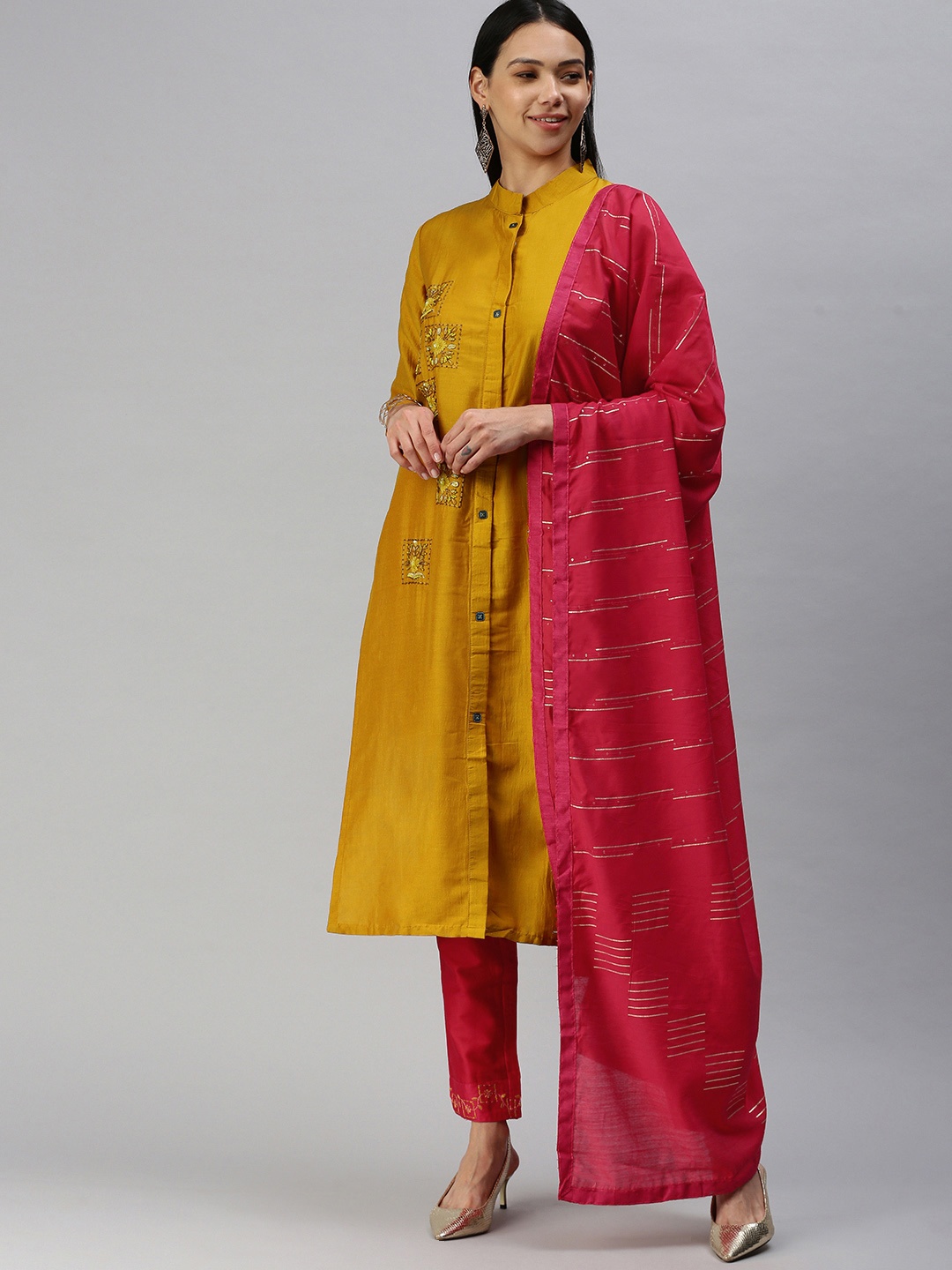 

SheWill Women Mustard Yellow Embroidered Beads and Stones Kurta with Trousers & Dupatta