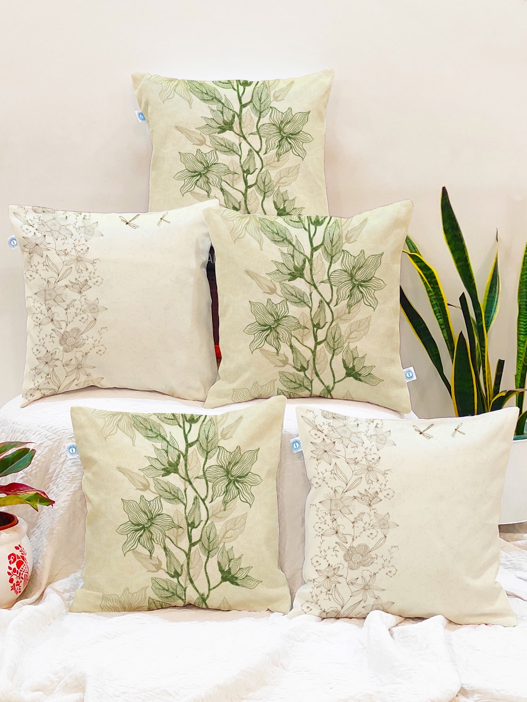 

STITCHNEST Cream-Coloured & Green Set of 5 Floral Square Cushion Covers