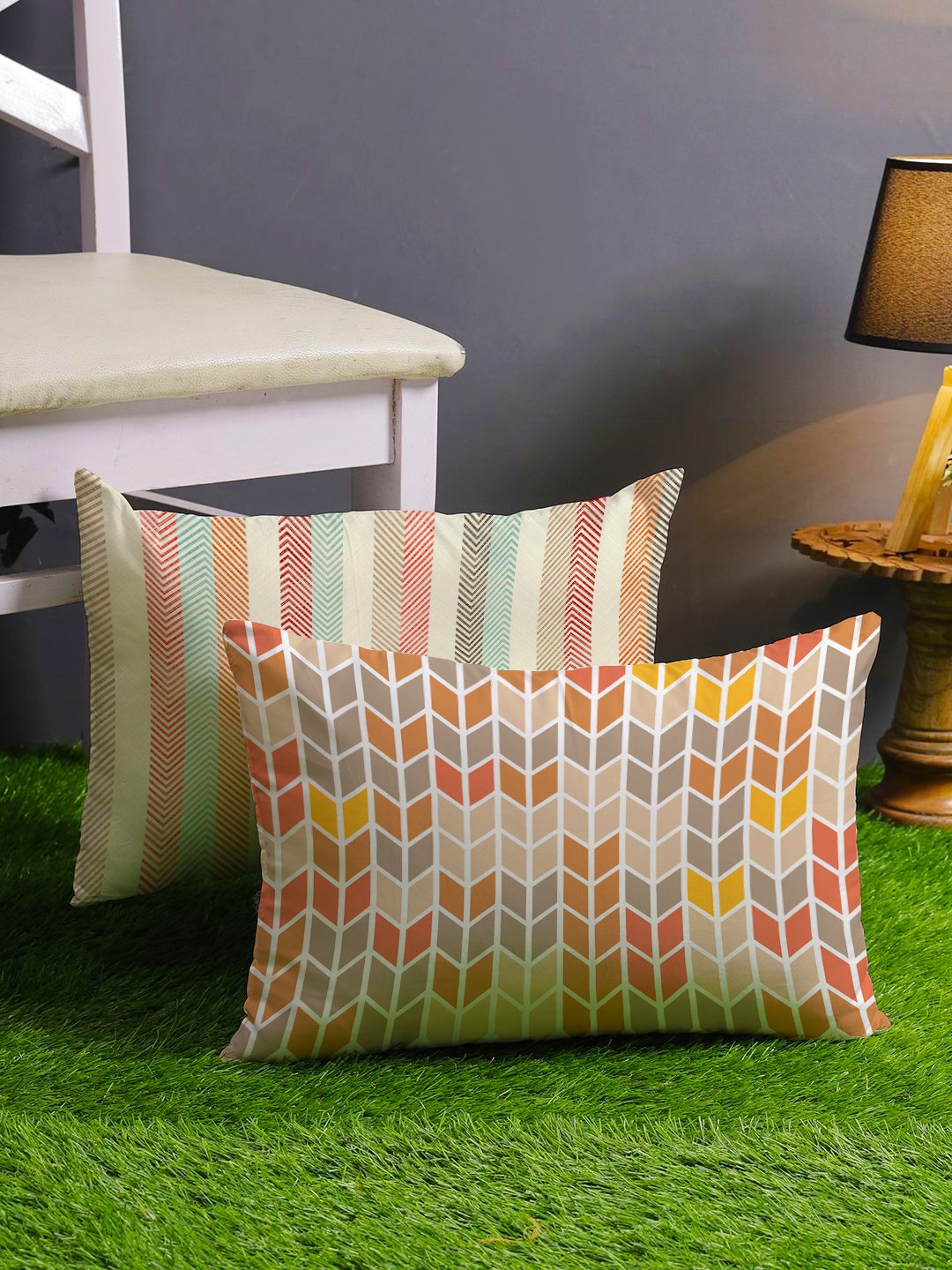 

STITCHNEST Pack Of 2 Yellow Geometric Printed Rectangle Cushion Covers