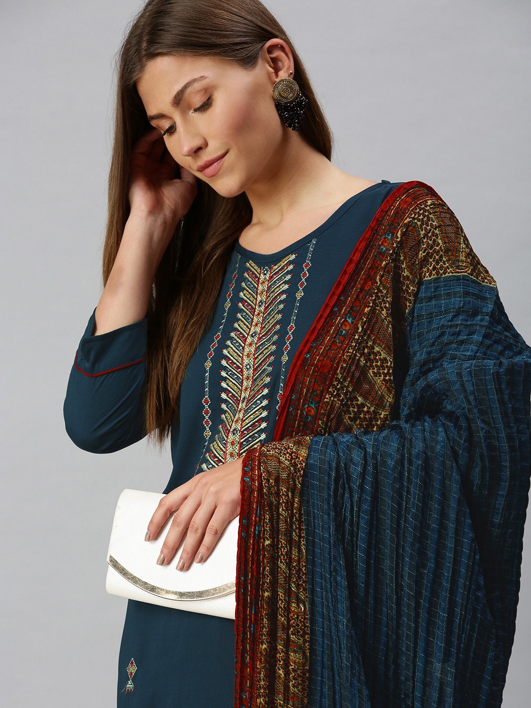 

SheWill Women Blue & Maroon Embroidered Kurta with Trousers & Dupatta