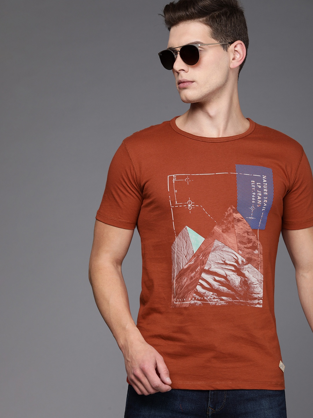 

Louis Philippe Jeans Men Rust Orange Graphic Printed Pure Cotton Slim Fit T-shirt