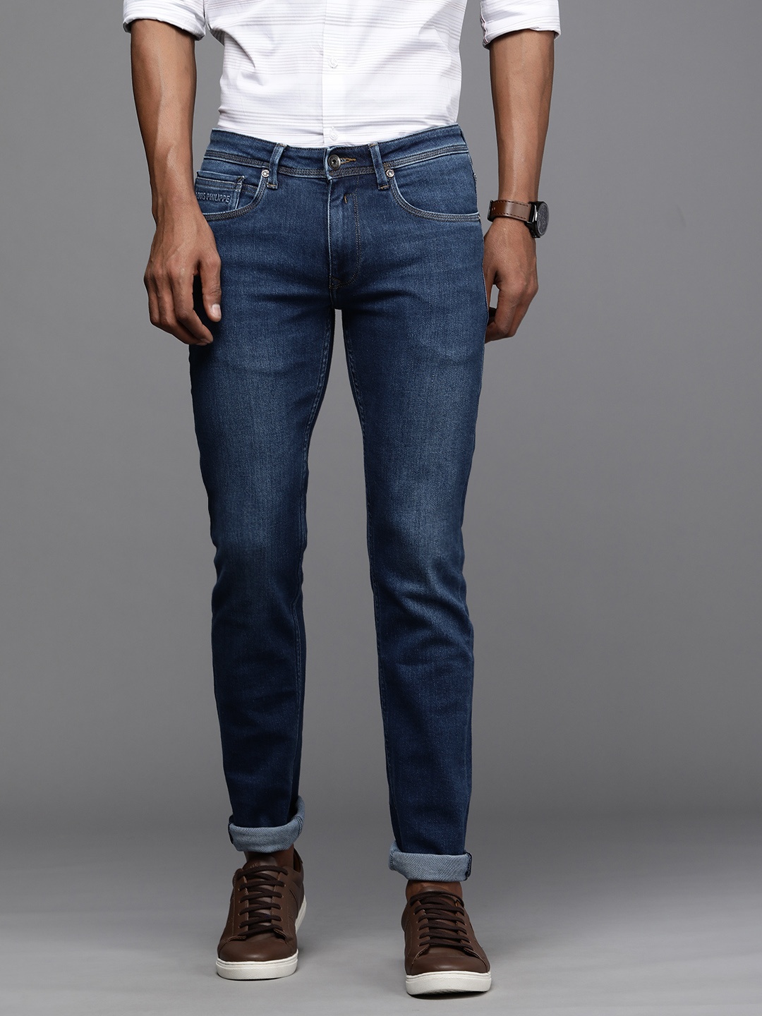 

Louis Philippe Jeans Men Navy Blue Slim Fit Low-Rise Light Fade Stretchable Jeans
