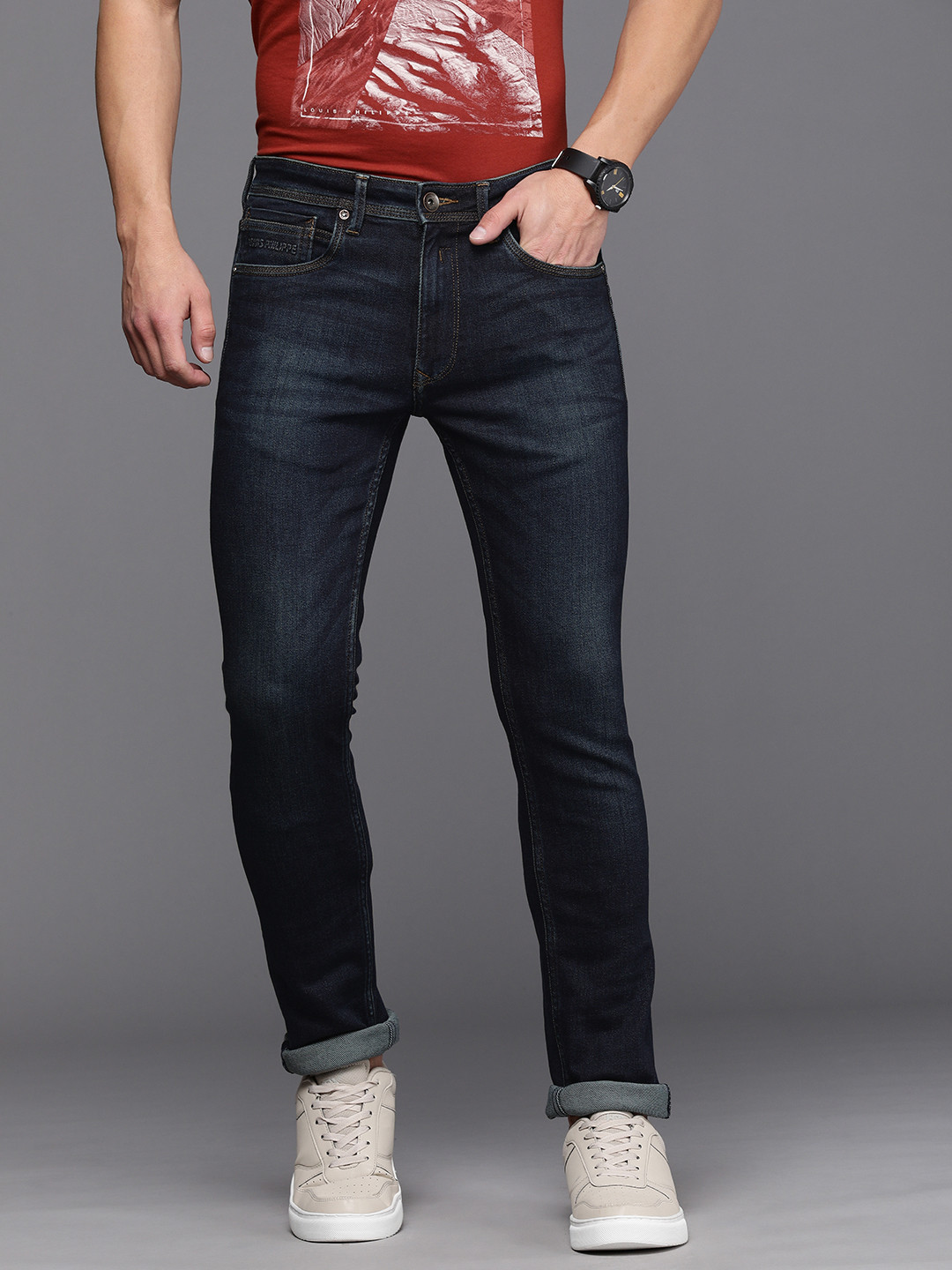 

Louis Philippe Jeans Men Navy Blue Slim Fit Low-Rise Light Fade Stretchable Jeans