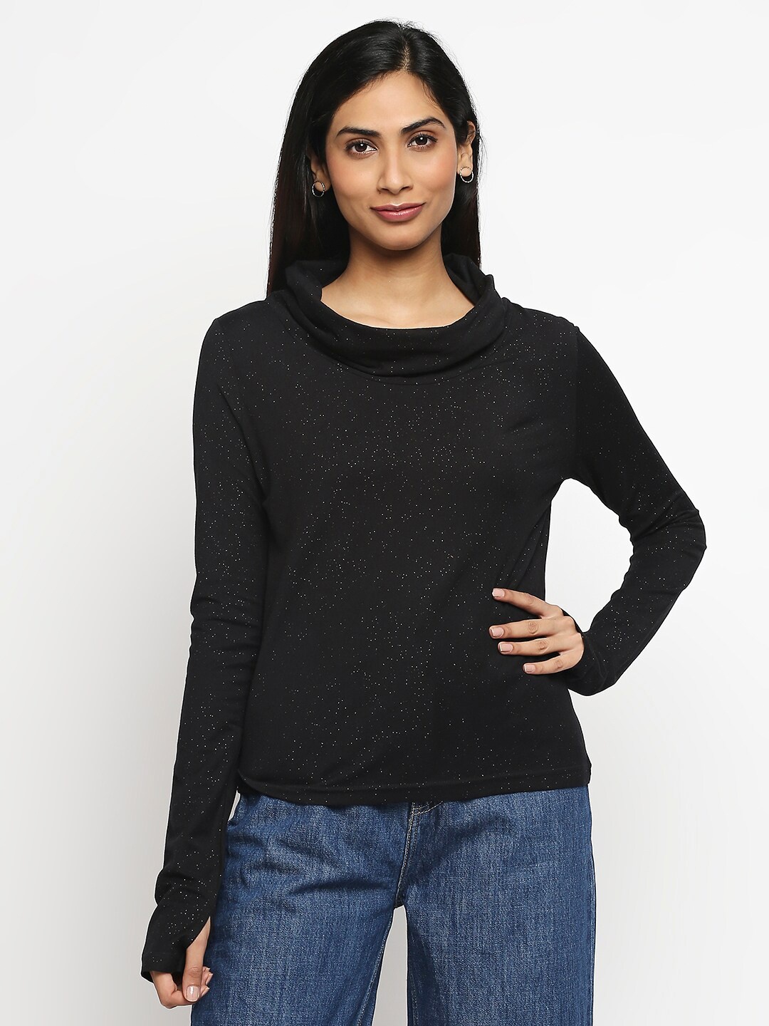 

effy Black Glitter Cowl Neck Organic Cotton Top