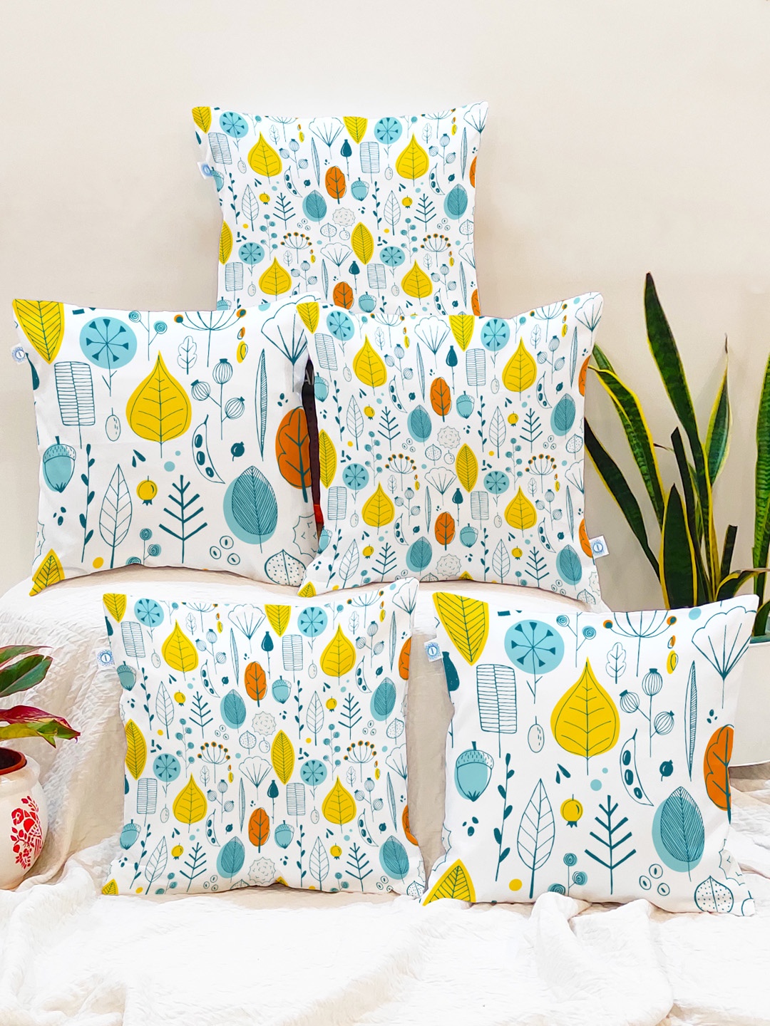 

STITCHNEST Yellow & White Set of 5 Floral Square Cushion Covers