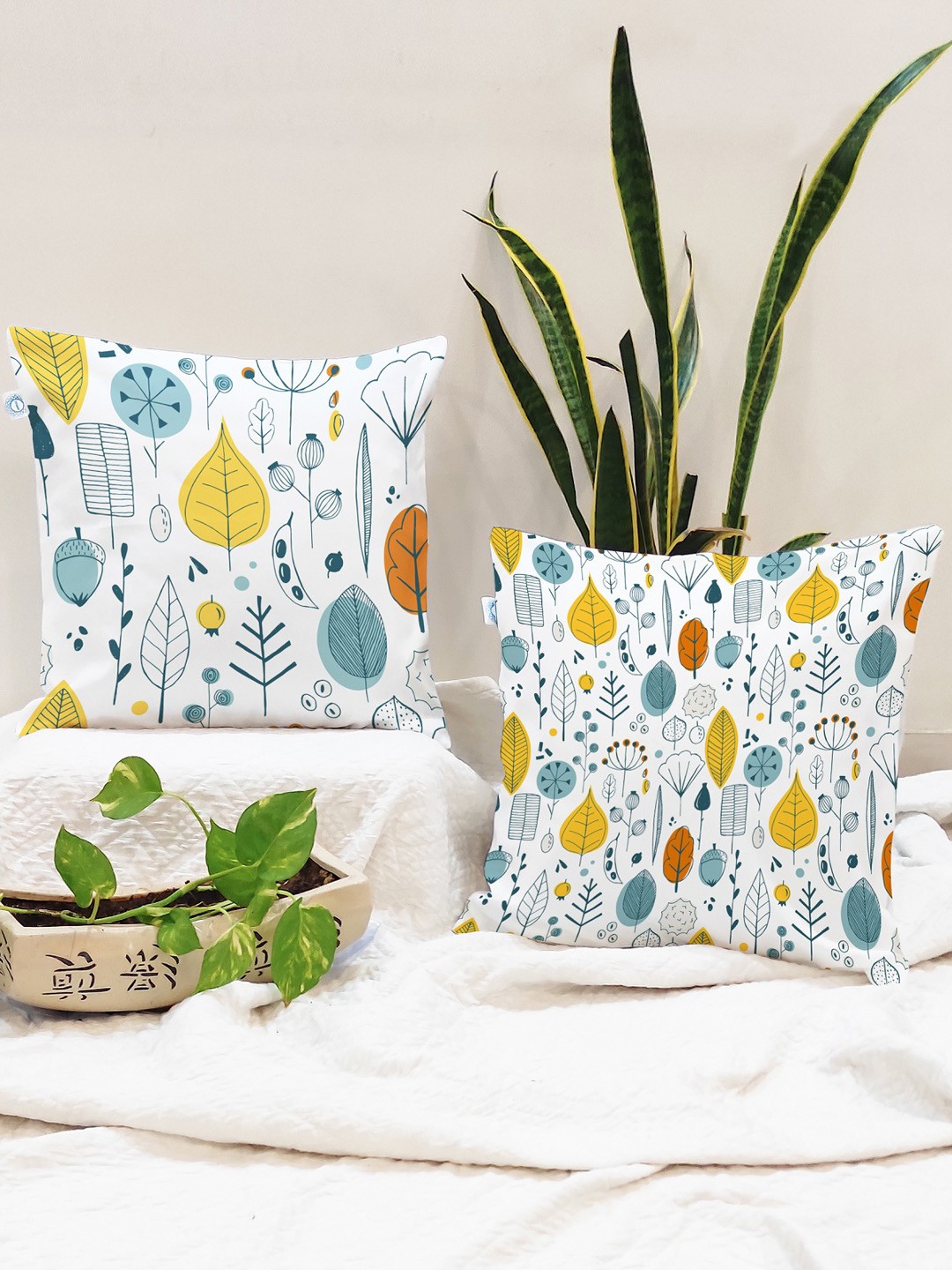 

STITCHNEST Yellow & White Set of 2 Floral Square Cushion Covers