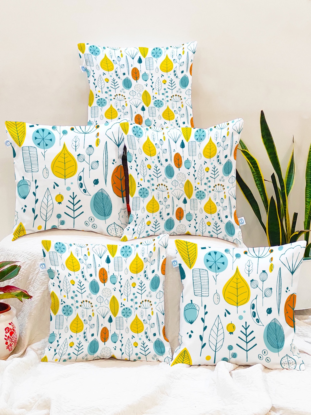 

STITCHNEST Set Of 5 Yellow & White Floral Printed Square Cushion Covers