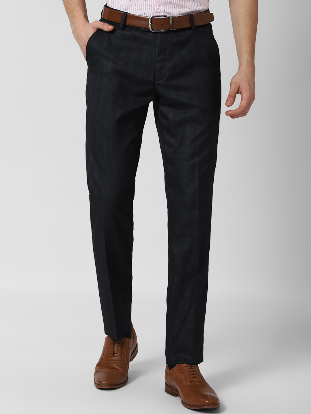 

Peter England Men Navy Blue Checked Slim Fit Trousers