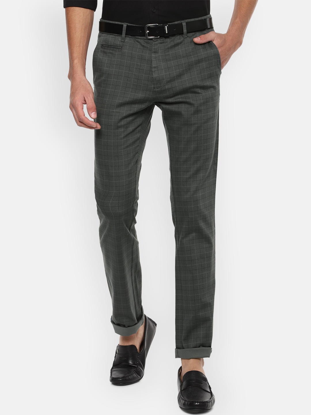 

V Dot Men Grey Checked Slim Fit Trousers