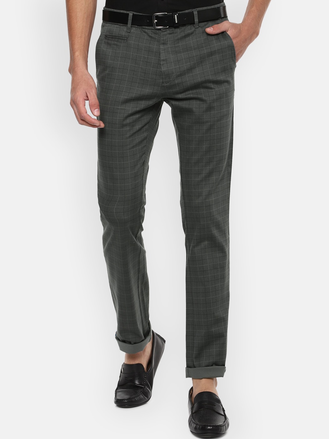 

V Dot Men Grey Checked Slim Fit Trousers