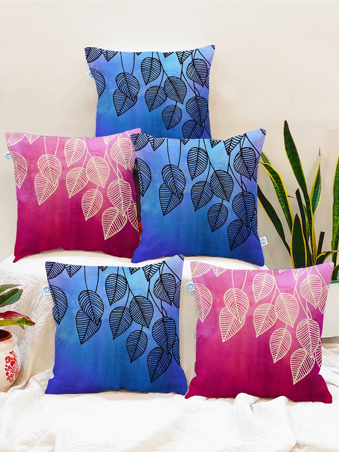 

STITCHNEST Blue & Pink Set of 5 Floral Square Cushion Covers