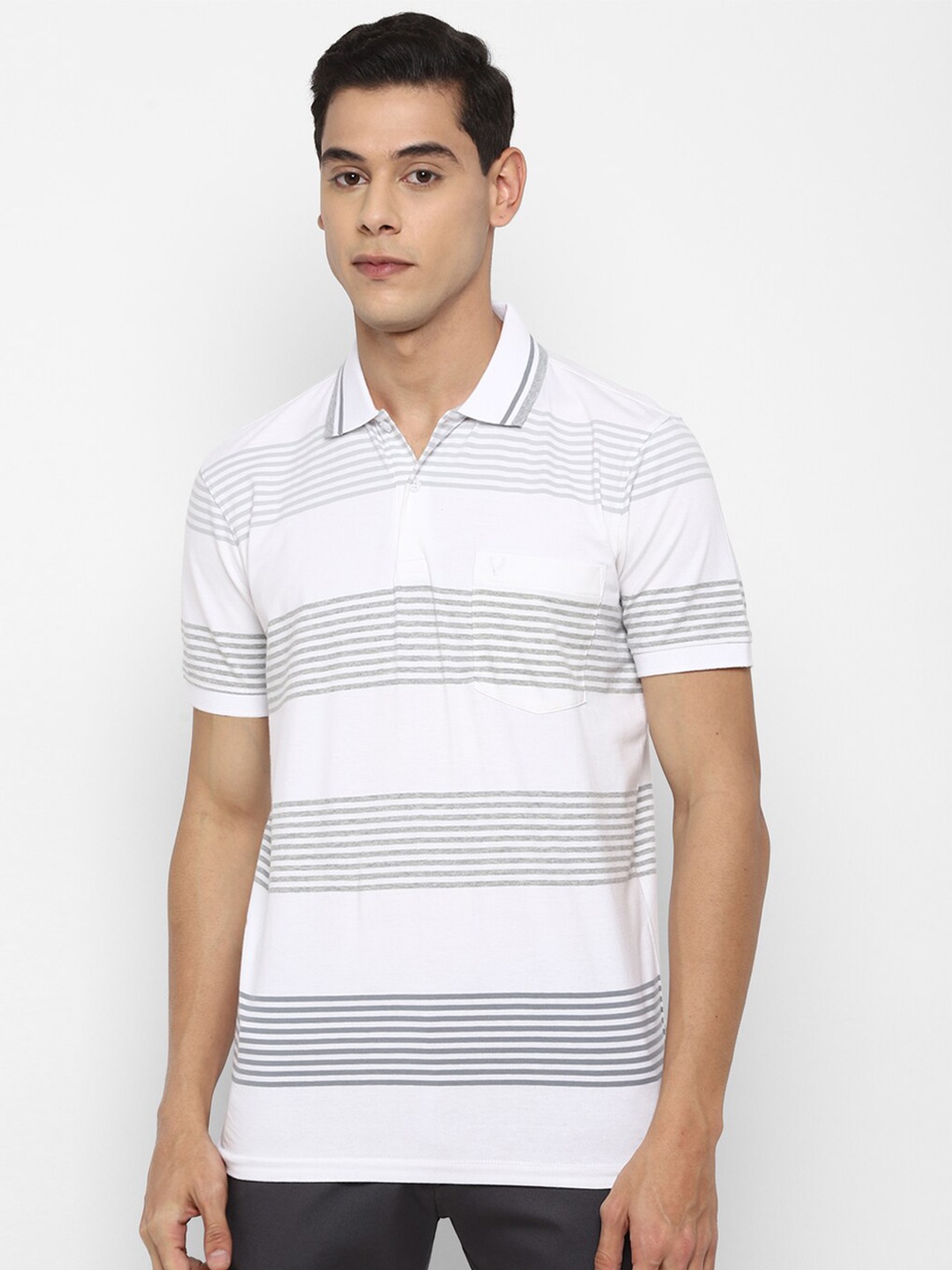 

Allen Solly Men White Striped Polo Collar Pockets Pure Cotton T-shirt