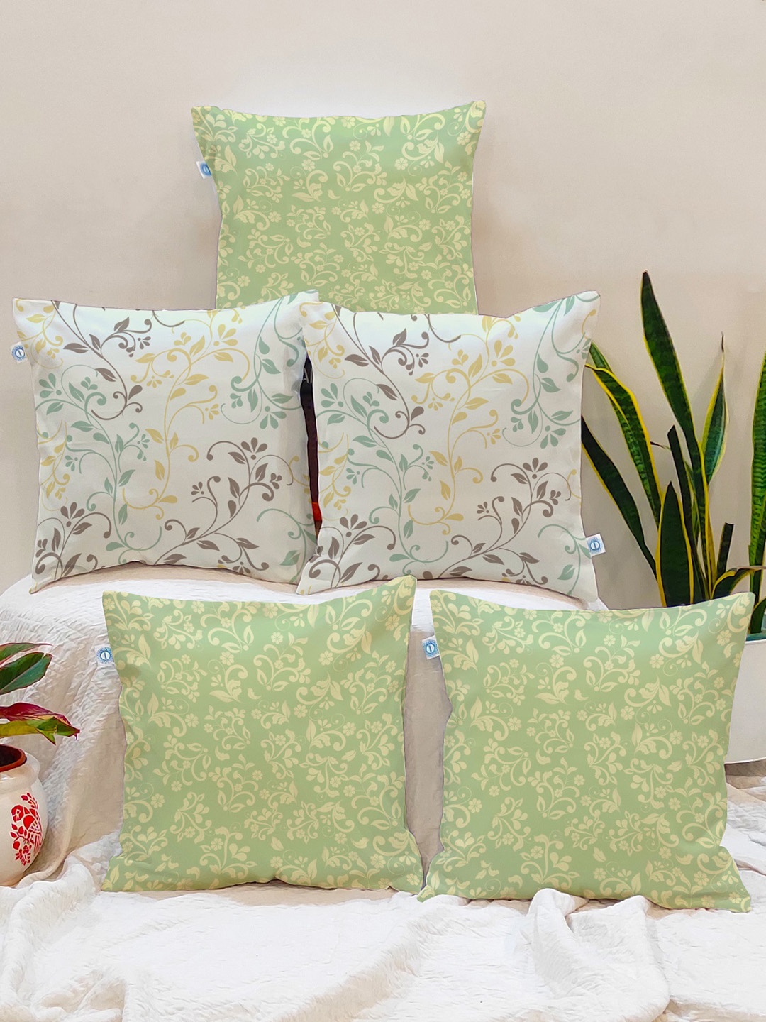 

STITCHNEST Set of 5 Green & Off White Floral Square Cushion Covers