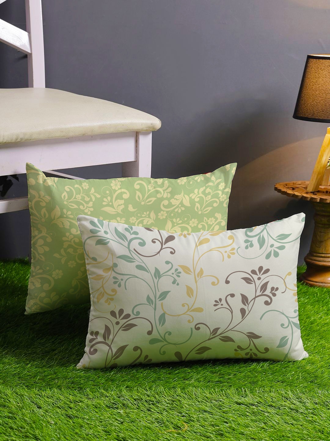 

STITCHNEST Set Of 2 Teal & Off White Floral Printed Rectangle Cushion Covers