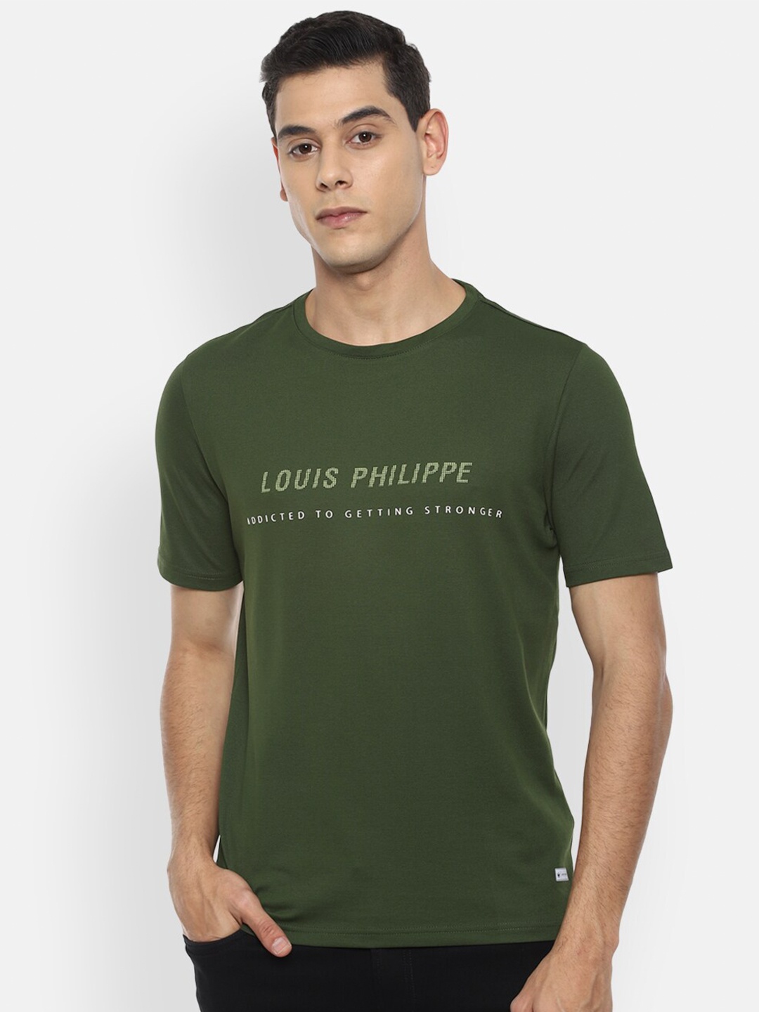 

Louis Philippe ATHPLAY Men Olive Green Typography Slim Fit Pure Cotton T-shirt