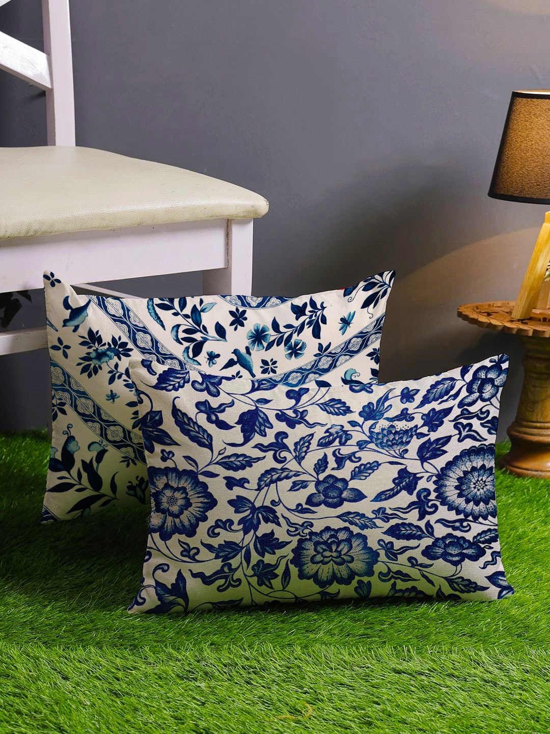 

STITCHNEST Set Of 2 Blue & Off White Ethnic Motifs Printed Rectangle Cushion Covers