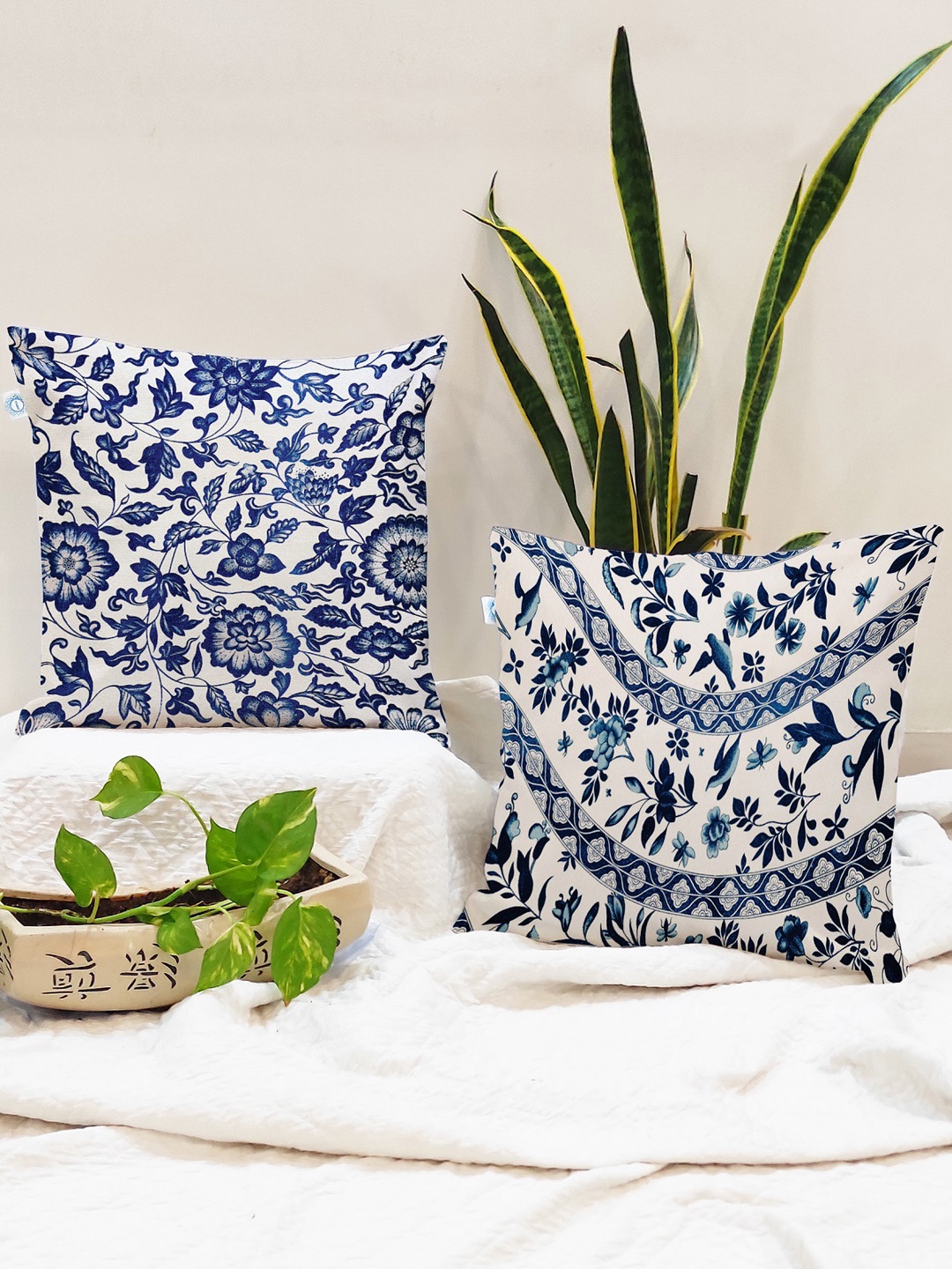 

STITCHNEST Pack Of 2 Blue Printed Square Cushion Covers