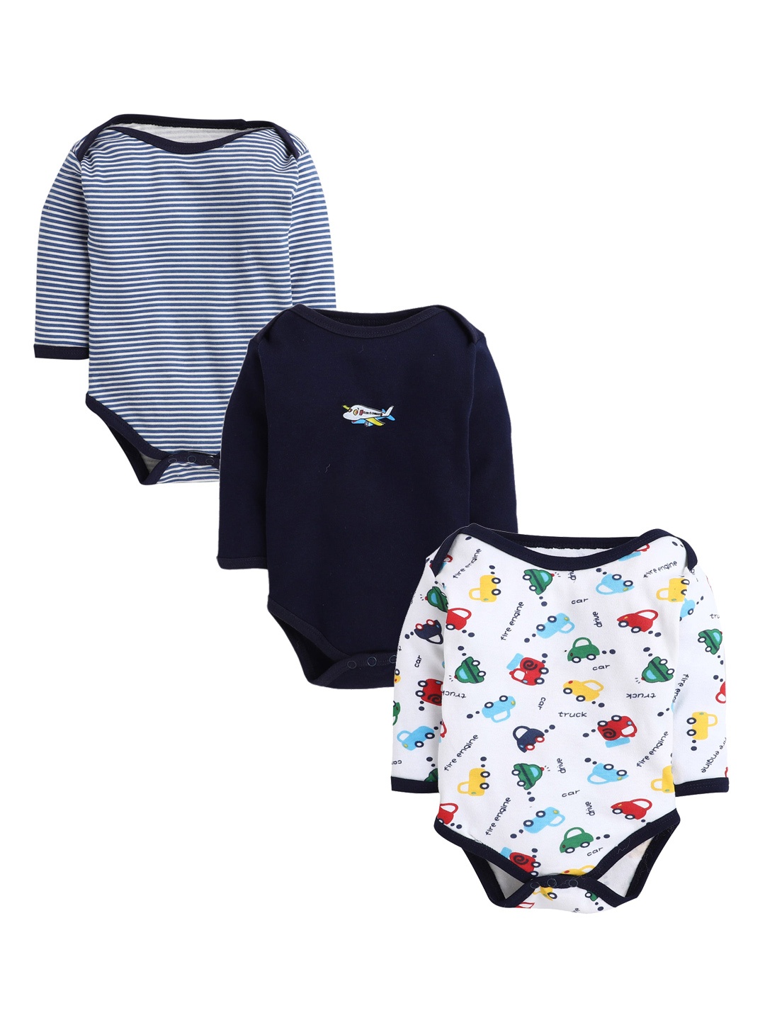 

BUMZEE Infants Boys Pack Of 3 Printed Pure Cotton Bodysuits, Navy blue