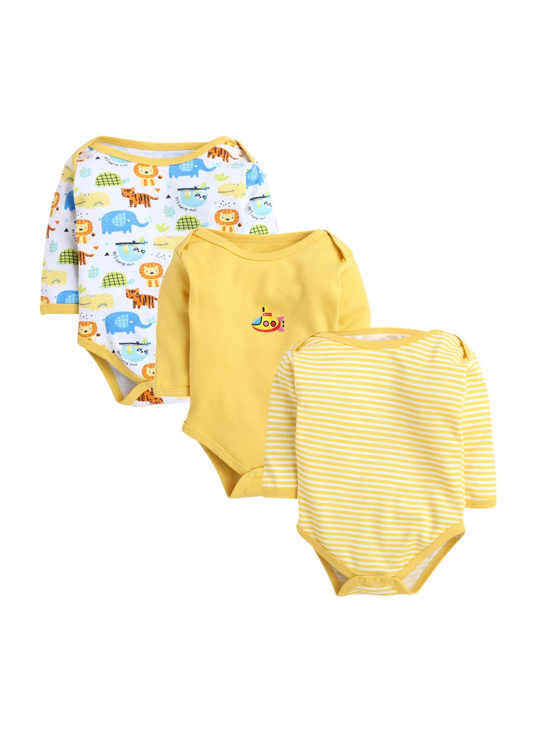 

BUMZEE Infant Boys Pack Of 3 Printed Cotton Bodysuits, Yellow