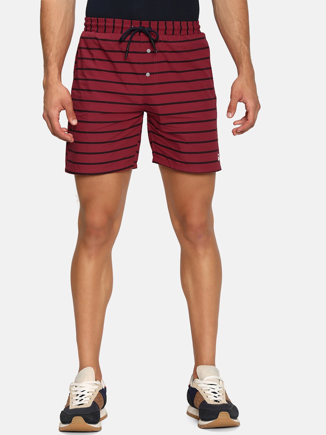 

V2 Value & Variety Men Maroon & Black Cotton Striped Mid-Rise Shorts