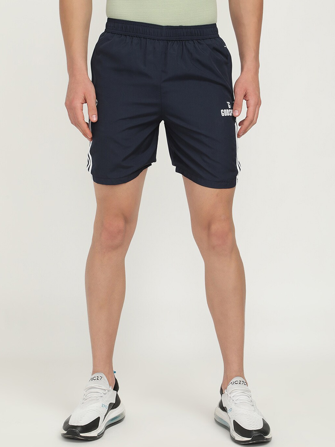 

V2 Value & Variety Men Navy Blue & White Solid Mid-Rise Shorts with Striped Detail