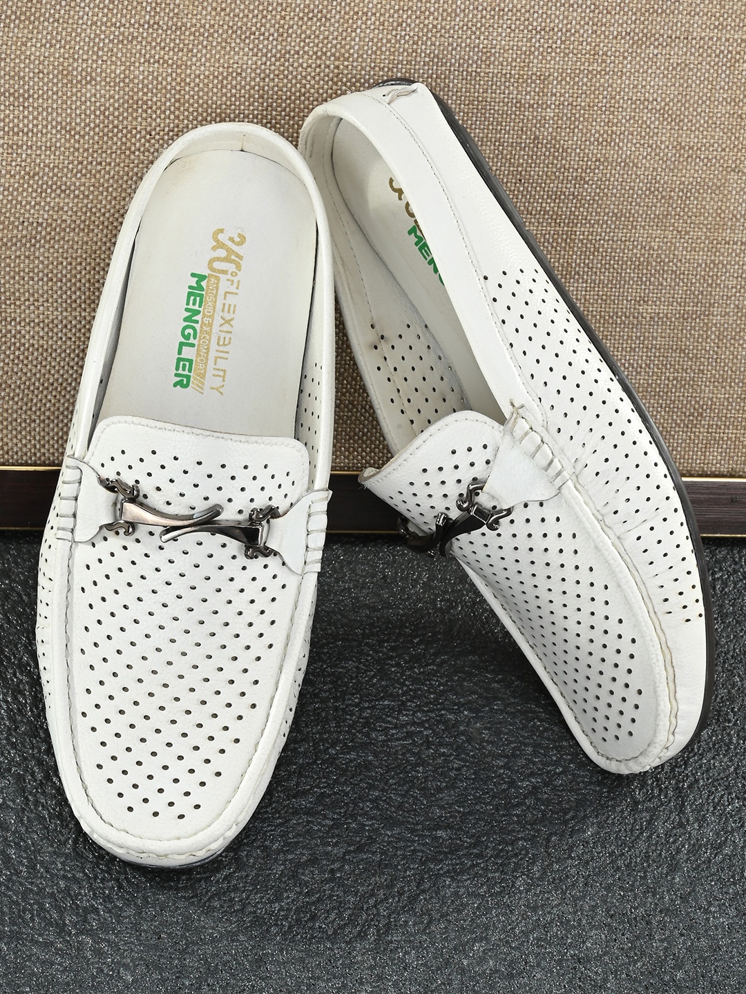 

MENGLER Men White Perforated Loafers