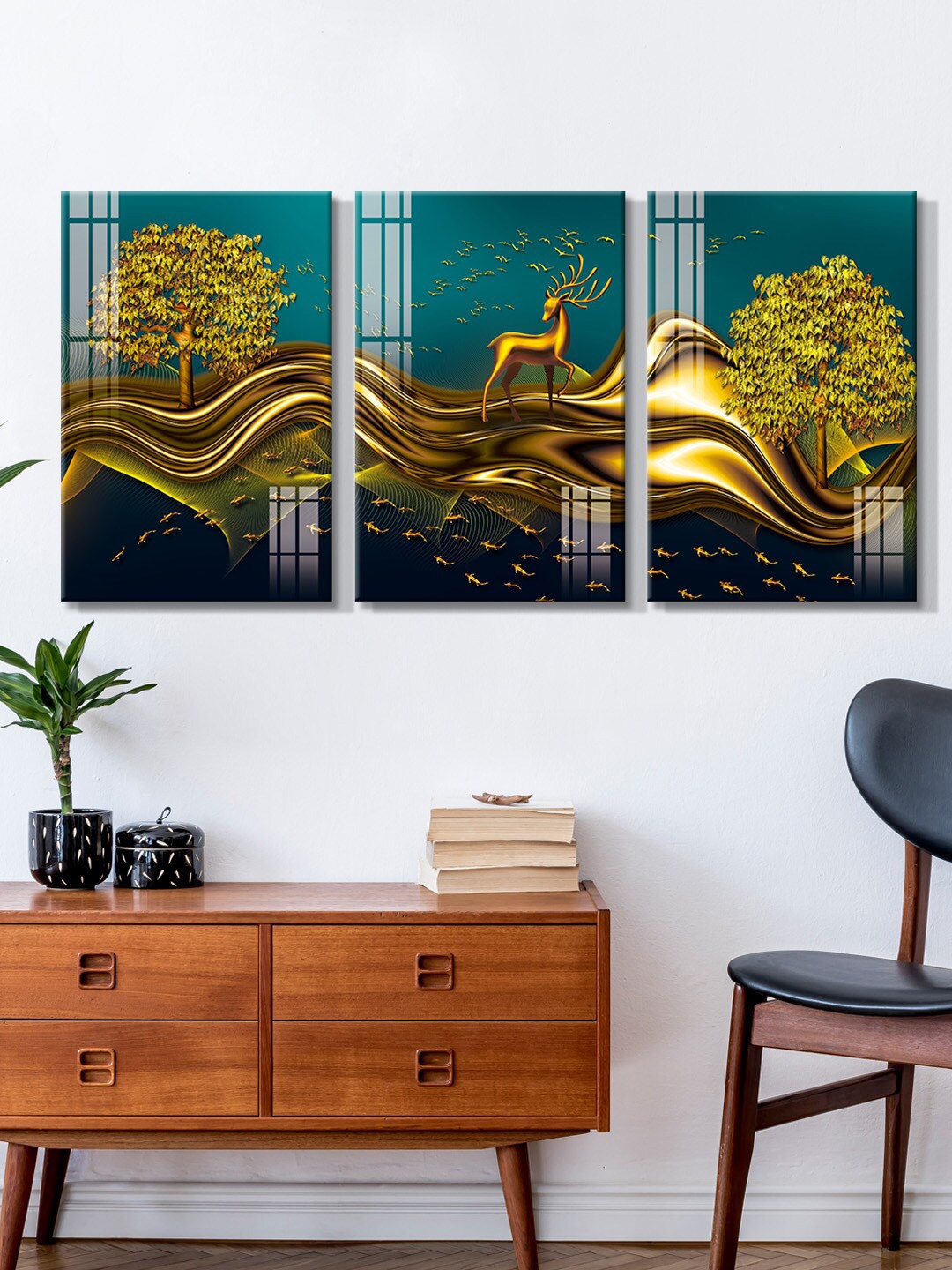 

999Store Set Of 3 Blue & Green Canvas Painting Wall Art