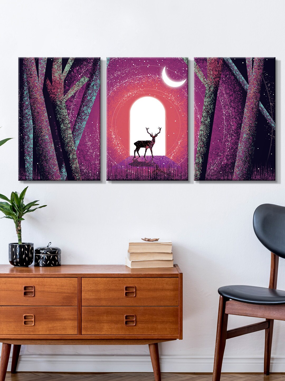 

999Store Set Of 3 Purple & White Moon light With Deer Painting Framed Wall Art