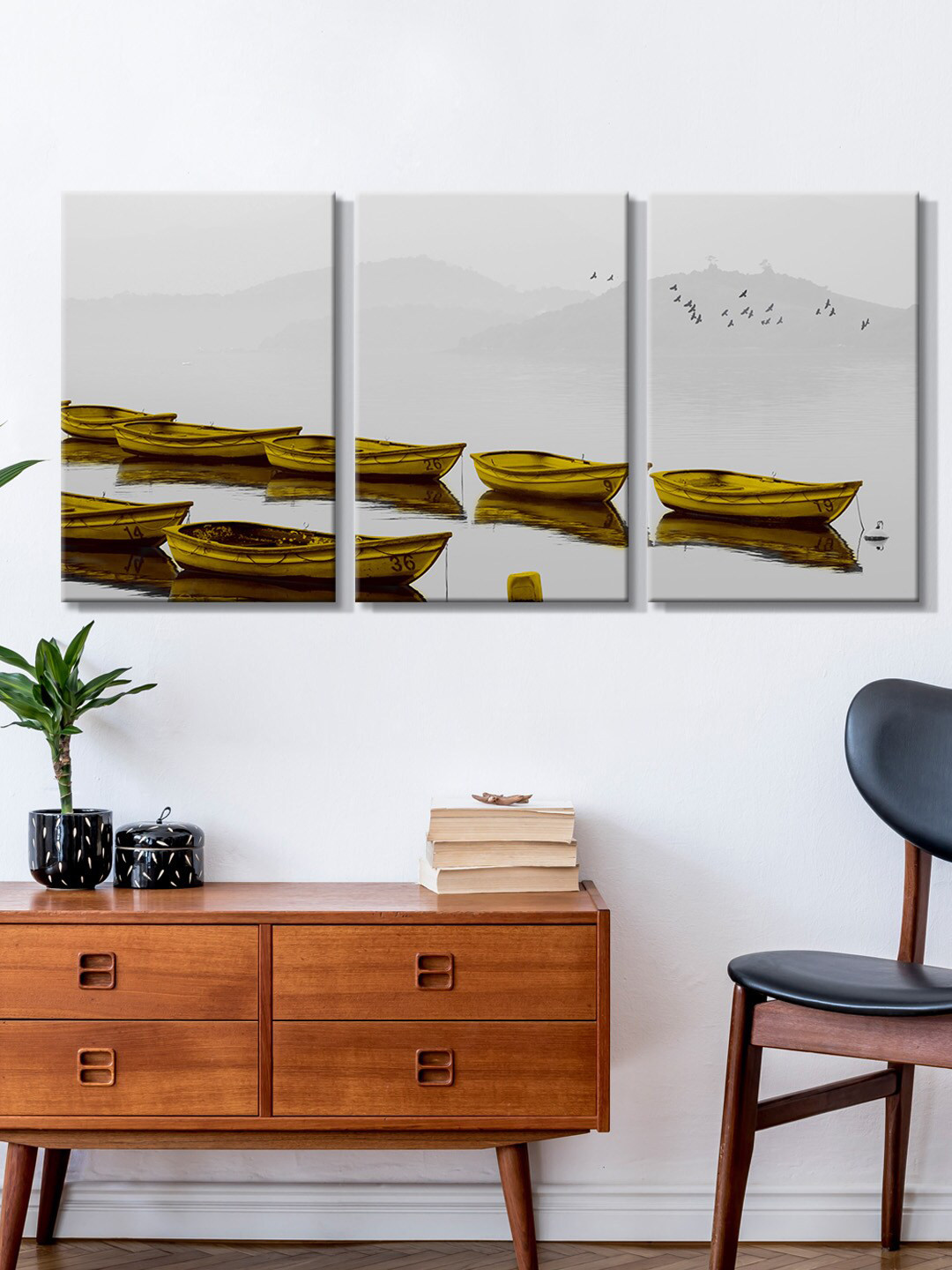 

999Store Set Of 3 Grey & Brown Boat On The Beach Painting Framed Wall Art