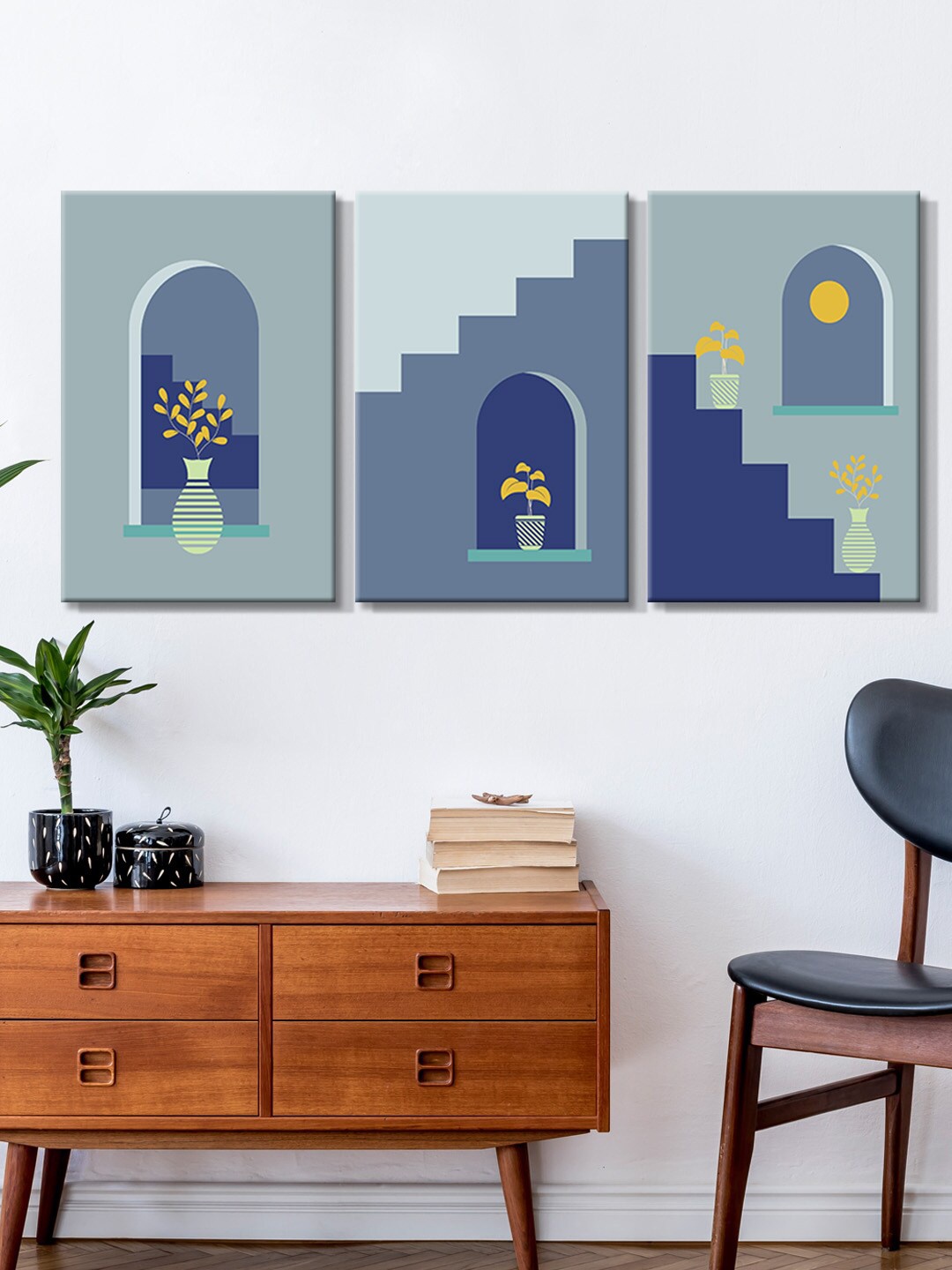 

999Store Set Of 3 Blue & Yellow Building Architecture Painting Framed Wall Art