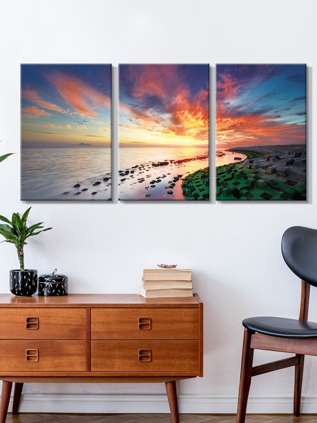 

999Store Set Of 3 Blue & Yellow Sunset Over Ocean Painting Framed Wall Art