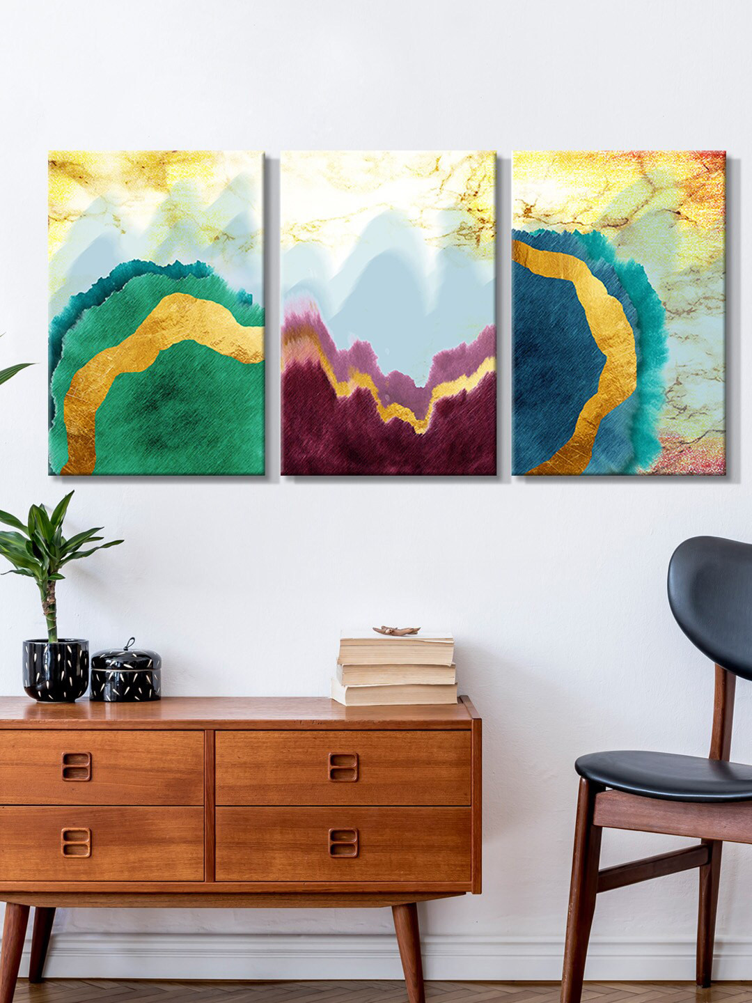 

999Store Set Of 3 Green & White Abstarct Painting Framed Wall Art