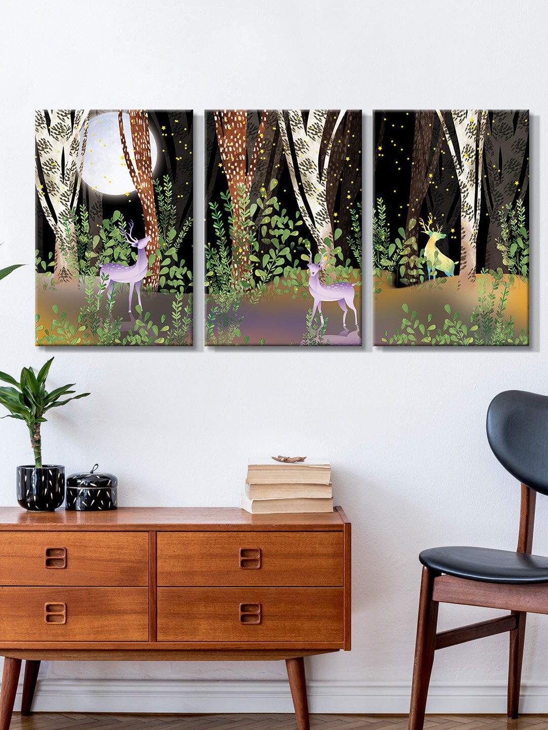 

999Store Set Of 3 Brown & White Forest View With Beautiful Deer Painting Framed Wall Art