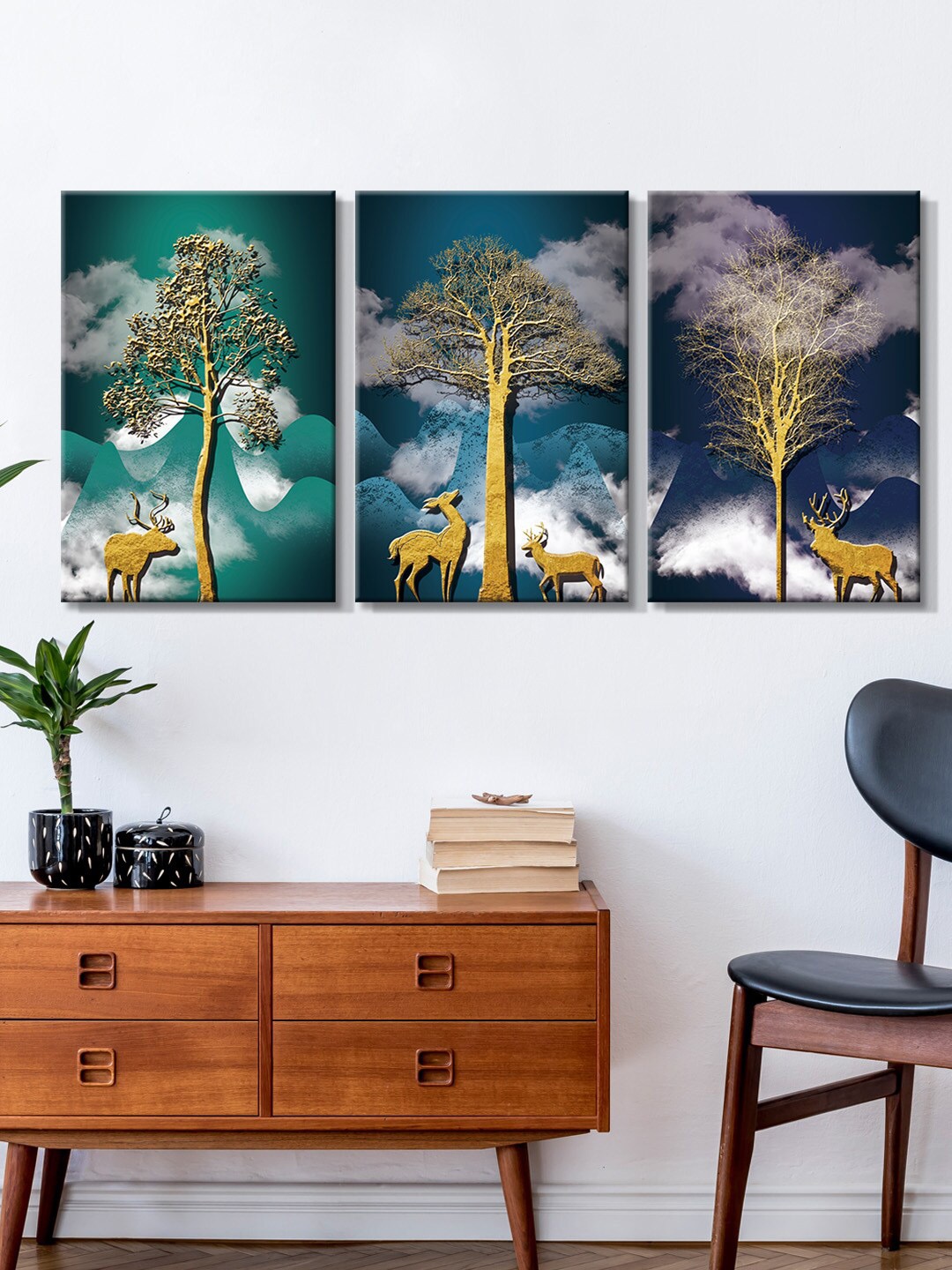 

999Store Set Of 3 Blue & Green Tree With Deer Painting Framed Wall Art