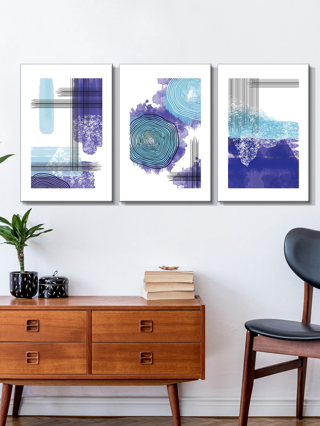 

999Store Set Of 3 White & Blue Abstract Watercolor Canvas Painting Wall Art