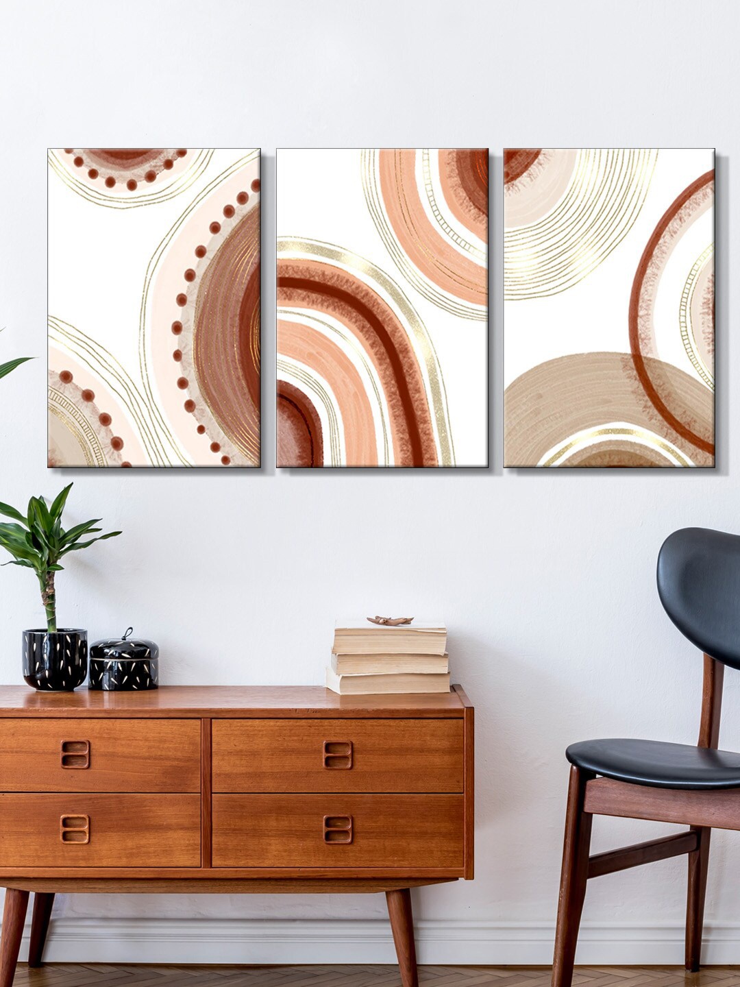 

999Store Set Of 3 White & Brown Modern Abstract Art Painting Framed Canvas Wall Art