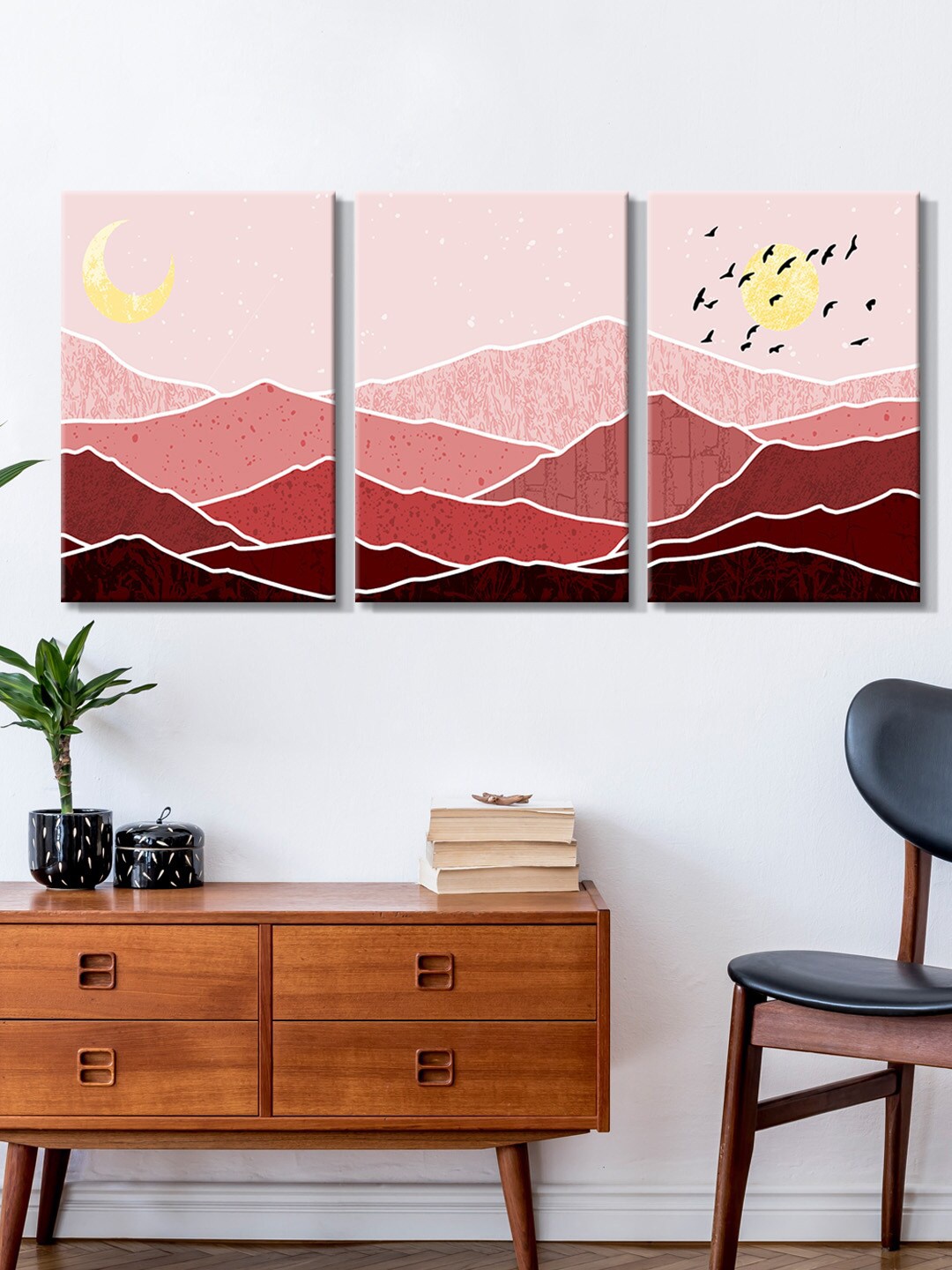 

999Store Set Of 3 Pink & Maroon Mountains Abstract Painting Framed Wall Art