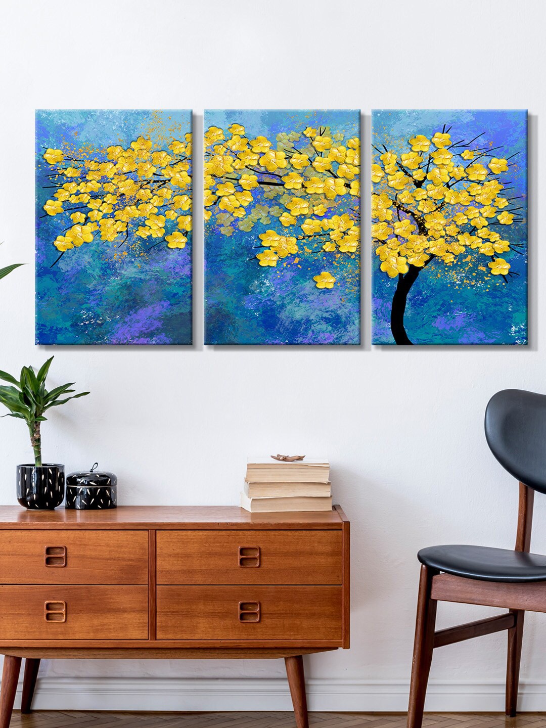 

999Store Set Of 3 Blue & Yellow Canvas Painting Wall Art