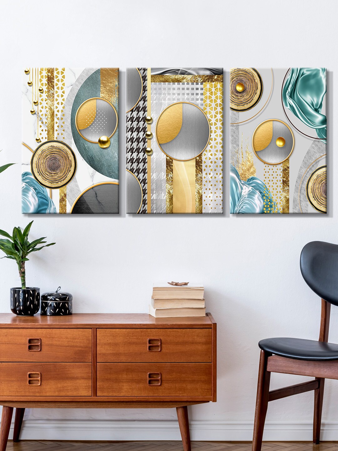 

999Store Set Of 3 Grey & Gold-Toned Abstract Circle Canvas Painting Wall Art