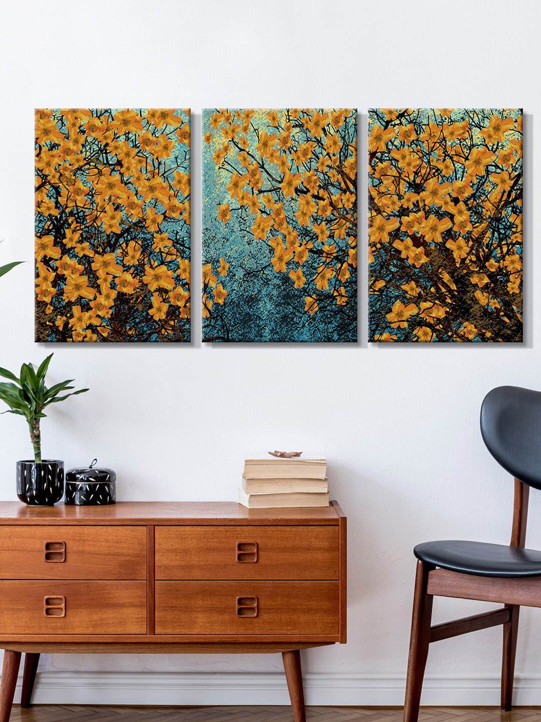 

999Store Set Of 3 Blue & Yellow Flowers Painting Wall Art