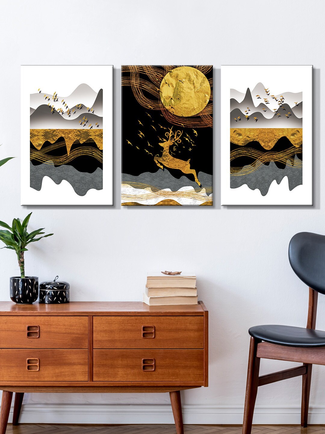 

999Store Set Of 3 Gold-Toned & White Abstract Mountain With Deer Painting Wall Art