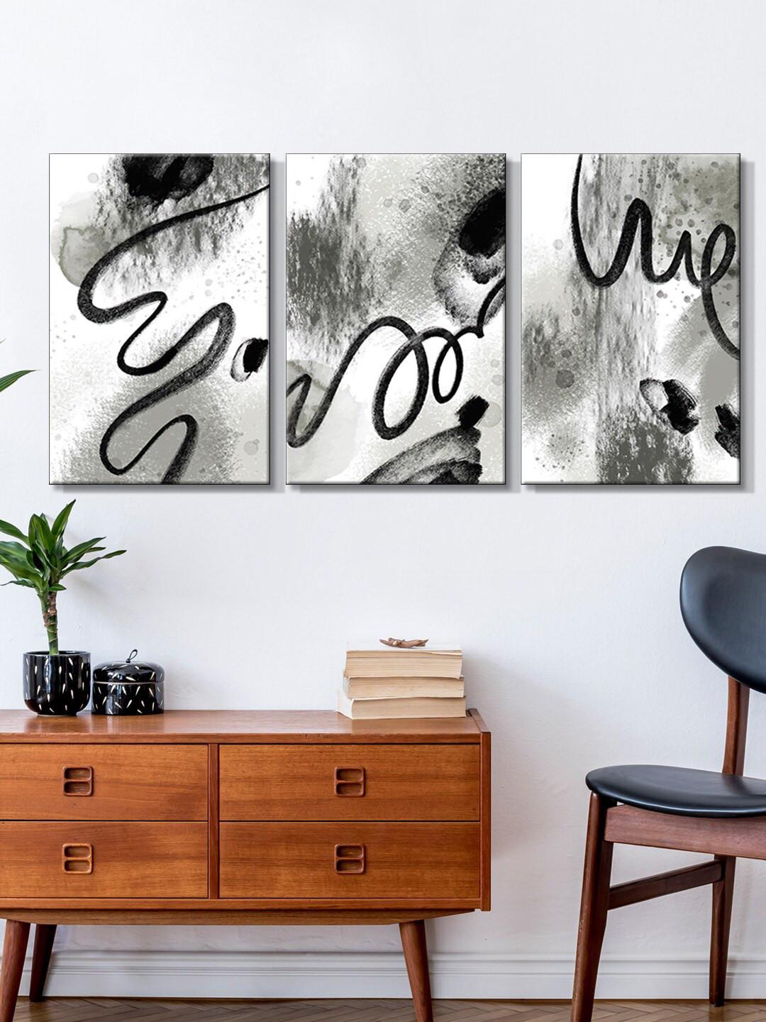 

999Store Set Of 3 Grey & Black Watercolor Abstract Painting Wall Art